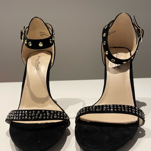 Black Vegan Suede Heeled Sandals with Rhinestone Detail - Picture 5 of 9